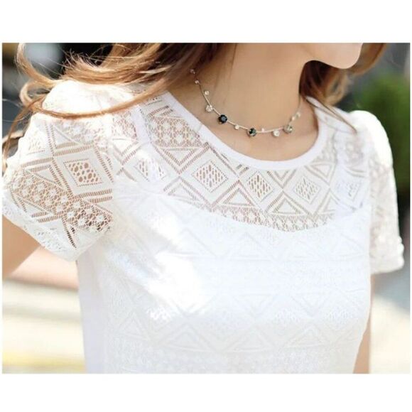 Chiffon & Lace Short Sleeve Blouse White Size M - Picture 3 of 7